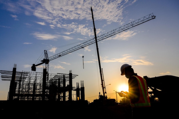 Bauingenieure oder Manager und Bauarbeiter auf einer Baustelle Projektarbeitsplan für die Gestaltung von Häusern und Industriegebäuden