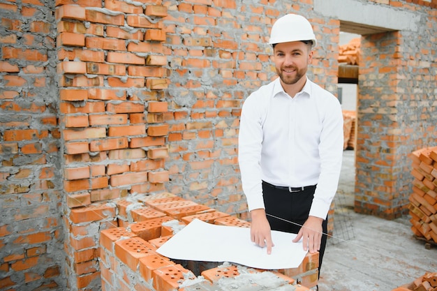 Baukonzept des Ingenieurs, der auf der Baustelle mit Blaupause arbeitet