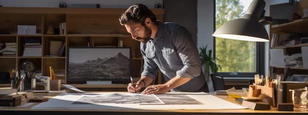 Baukonzept eines Ingenieurs oder Architekten, der im Büro einen Bauplan erstellt.