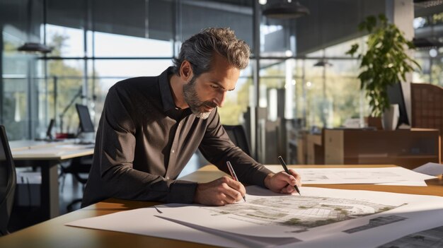 Baukonzept eines Ingenieurs oder Architekten, der im Büro einen Bauplan erstellt.