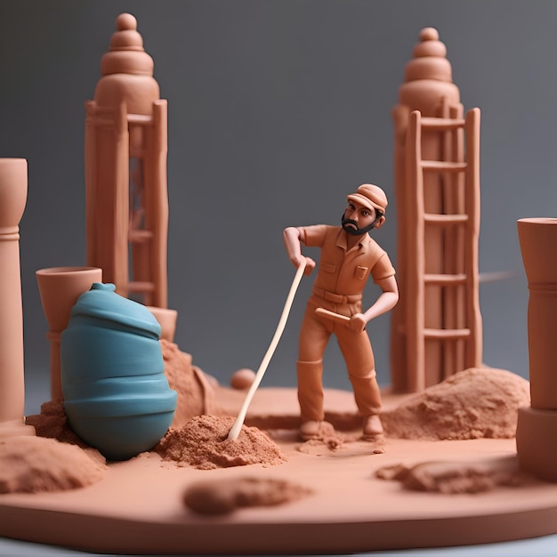 Foto baukonzept für miniaturmenschen bauarbeiter mit schaufel und eimer