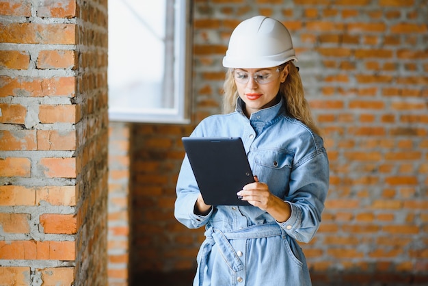 Baukonzept. Hübsche Baumeisterin in Overalls und Helm, die auf der Baustelle arbeiten.