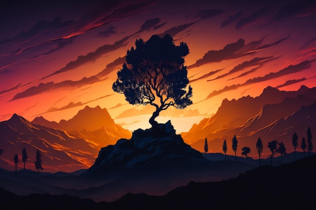 Baum auf Berggipfel bei Sonnenuntergang Generative KI