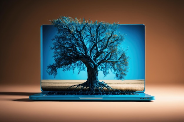 Baum auf dem Hintergrund des Laptopbildschirms Generative KI
