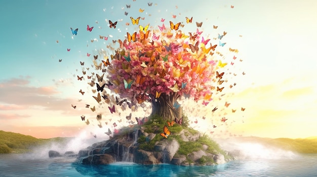 Baum auf einem Hügel, wunderschöne Schmetterlinge ziehen die Blätter des Baumes an. KI-generierte Kunst 02