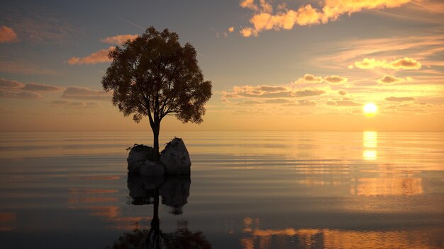 Baum auf einer Insel inmitten eines Sees schöne Landschaft 3D-Illustration cg render