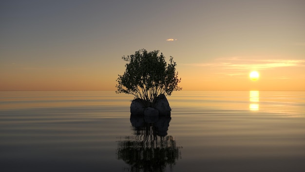 Baum auf einer Insel inmitten eines Sees schöne Landschaft 3D-Illustration cg render