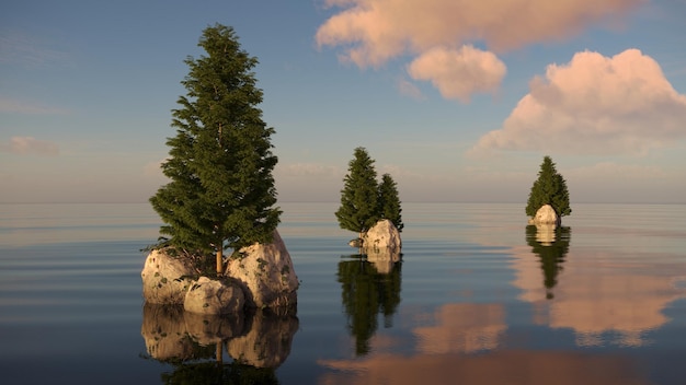 Baum auf einer Insel inmitten eines Sees schöne Landschaft 3D-Illustration cg render