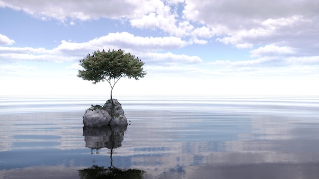 Baum auf einer Insel inmitten eines Sees schöne Landschaft 3D-Illustration cg render