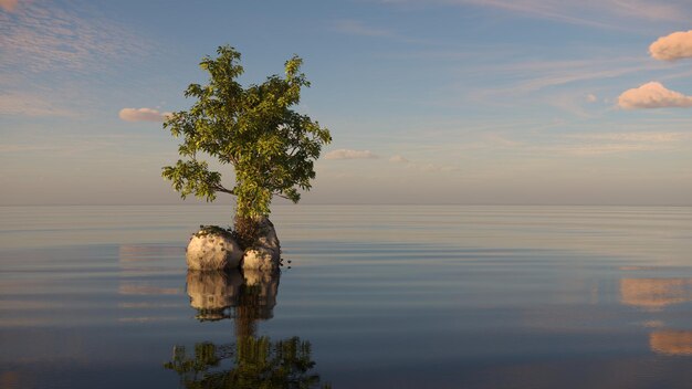 Baum auf einer Insel inmitten eines Sees schöne Landschaft 3D-Illustration cg render