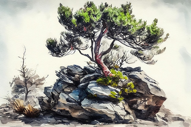 Baum, der auf einem Felsen-Aquarell-Ölgemälde-Effekt um das Leben kämpft Generative Ai