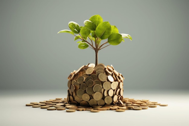 Baum, der auf Münzen wächst, Unternehmensfinanzierung, Investitionskonzept, KI-generierte Illustration
