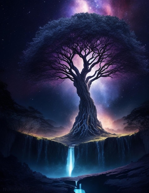 Baum des Lebens im Galaxienuniversum, dramatischer Fantasy-Wasserfall, ultra-HD, generative KI