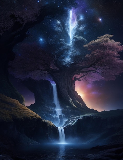 Baum des Lebens im Galaxienuniversum, dramatischer Fantasy-Wasserfall, ultra-HD, generative KI