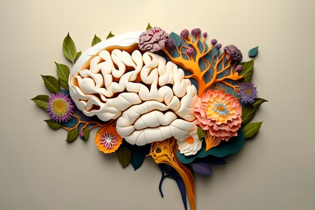 Baum des menschlichen Gehirns mit Blumen, Selbstpflege und Konzept der psychischen Gesundheit, positives Denken, kreativer Geist, generative KI