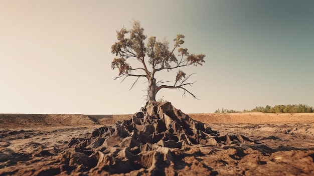 Baum draußen, sowohl lebend als auch halbtot. Konzeptuelles Bild einer erwärmten Erde, die verwüstet wurde. Die generative KI