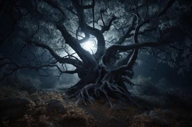 Baum, dunkler Wald, Nacht, generiere Ai.
