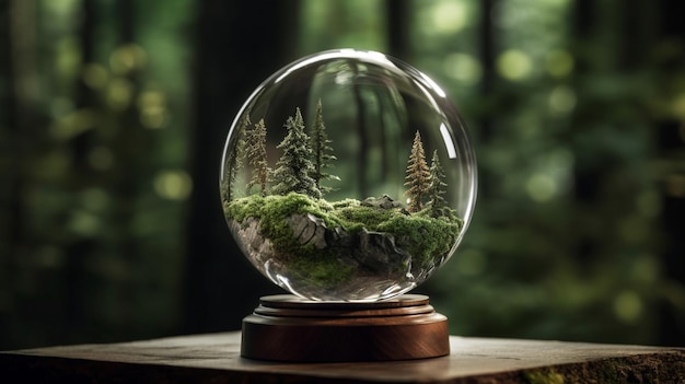 Baum in Glaskugel, Linsenkugel, Kristallkugel, die Sonnenstrahlen fokussiert und Landschaftswälder reflektiert