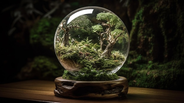 Baum in Glaskugel, Linsenkugel, Kristallkugel, die Sonnenstrahlen fokussiert und Landschaftswälder reflektiert