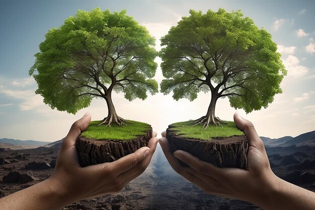 Baum in zwei Händen mit sehr unterschiedlichen Umgebungen Erdtag oder Weltumwelttag