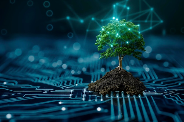 Baum mit Boden, der auf dem Konvergenzpunkt einer Computer-Schaltplatte wächst Generative KI