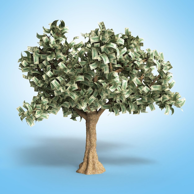 Baum mit Hundert-Dollar-Scheinen auf Gradient 3D-Illustration