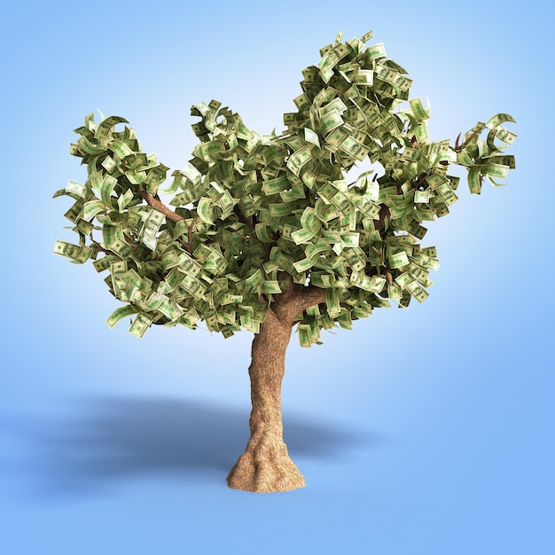Baum mit Hundert-Dollar-Scheinen auf Gradient 3D-Illustration