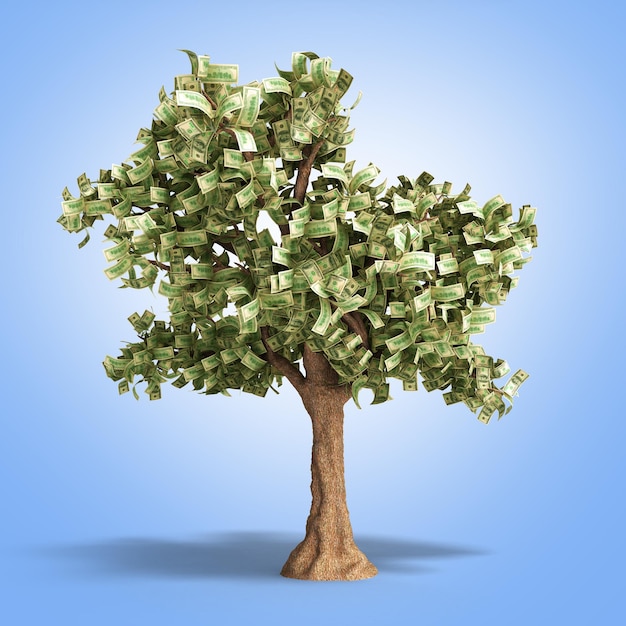 Baum mit Hundert-Dollar-Scheinen auf Gradient 3D-Illustration