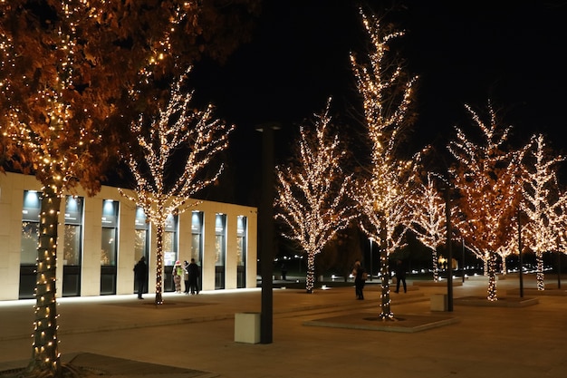 Baum mit leuchtenden Lichtern, Hintergrund des neuen Jahres, Weihnachten