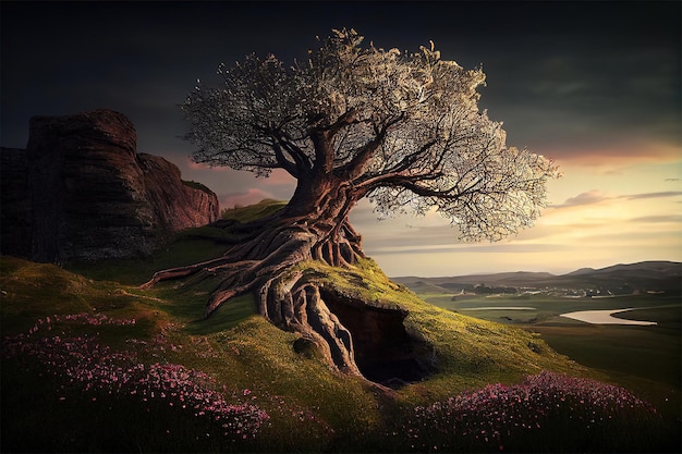 Baum oben auf einem Hügel Fantasy-Hintergrund