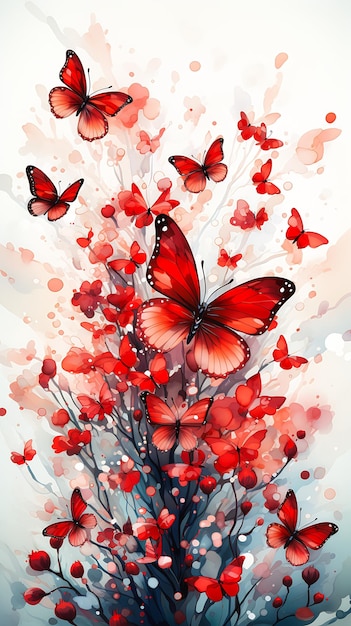 Baum, rote Schmetterlinge, fliegende Avatar-Marke, Farben blau, Darstellung schwebender Blumensträuße verschwommen