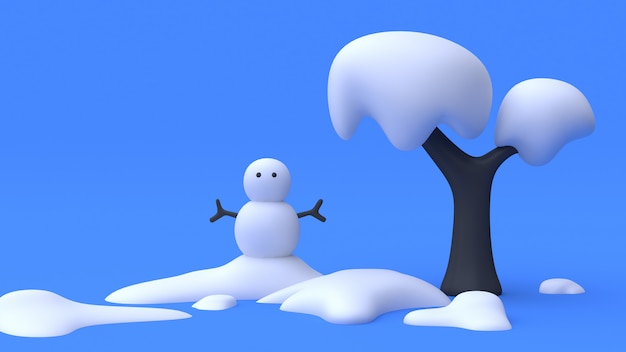 Baum Schneemann blau Natur Winter Szene abstrakte Cartoon-Stil minimale 3D-Rendering