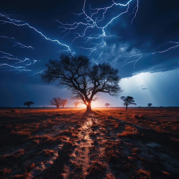 Baum steht im Feld mit Blitz