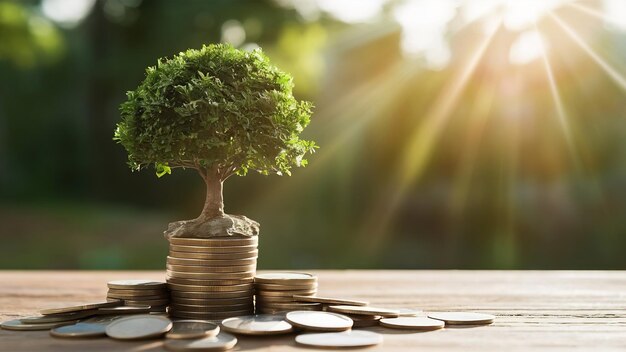 Foto baum wächst auf münzen stapel mit sonnenstrahl für geld sparen konzept