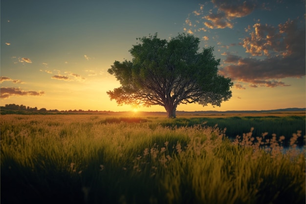 Baum wächst unter einem bewölkten Himmel während eines Sonnenuntergangs, umgeben von Gras