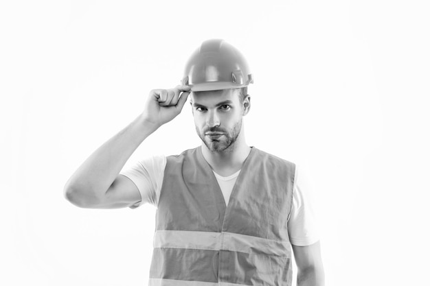 Baumeister mit Hardhat und orangefarbenem Uniform-Ingenieur oder Architekt