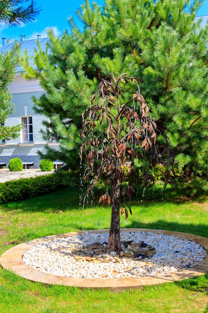 Baumförmiger Brunnen aus geschmiedetem Eisen in einem Garten