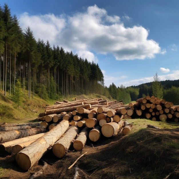 Foto baumstämme und holzhaufen im wald zur abholzung, ernte und herstellung von holz für die holzindustrie