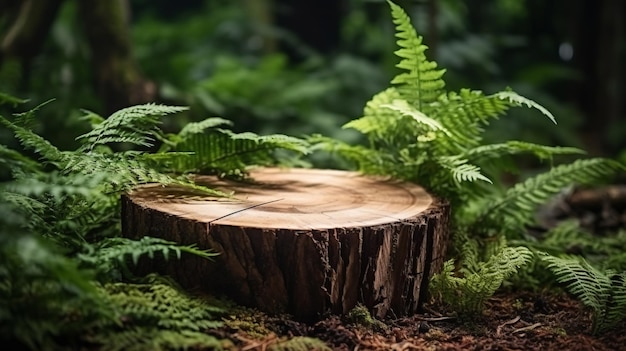 Baumstumpf im grünen Wald mit Copyspace-Marketing-Werbeplattform