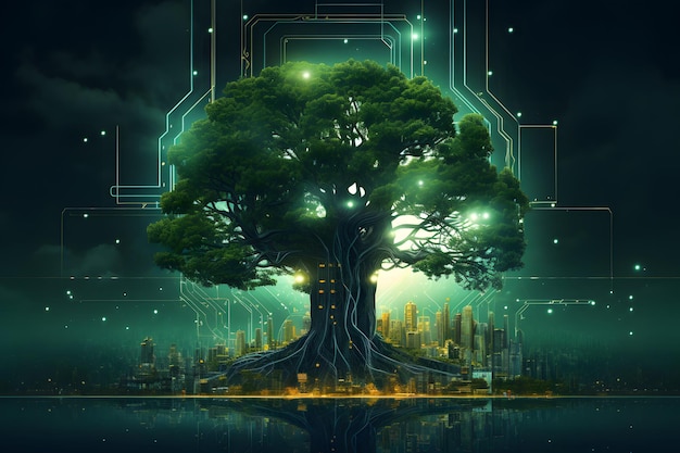 Baumwachstumskonzept im Hintergrund futuristischer Technologie Generative KI