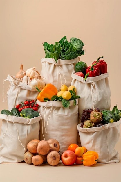 Baumwollbeutel mit frischem Obst und Gemüse auf beigefarbenem Hintergrund Frische und ökologische Produkte