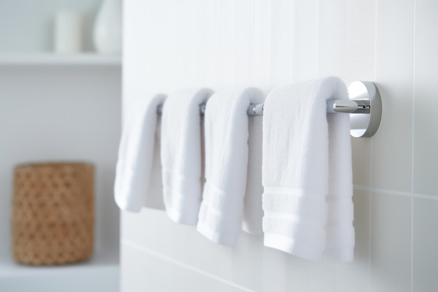Baumwollreinigung Modernes weißes Badezimmer mit weichem Handtuchstapel auf dem Regal