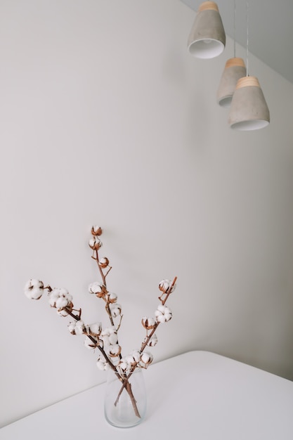 Baumwollzweig in Vase auf Tisch auf hellem Hintergrund