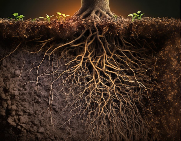 Baumwurzeln, die unter der Erde wachsen, Seitenansicht des Bodenabschnitts Generati