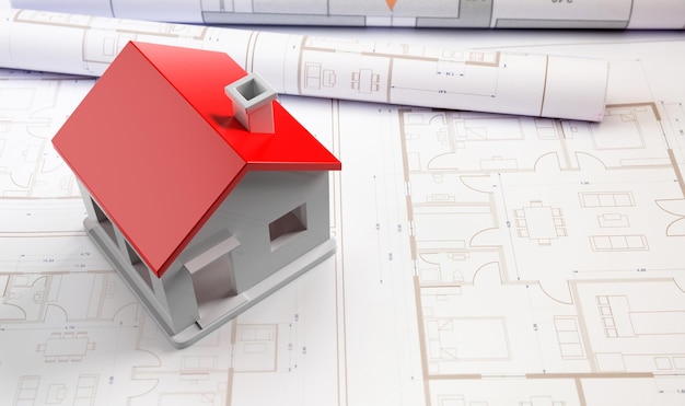 Bauplan Gebäudezeichnung und Hausmodell Architekt Ingenieurbüro 3D-Rendering