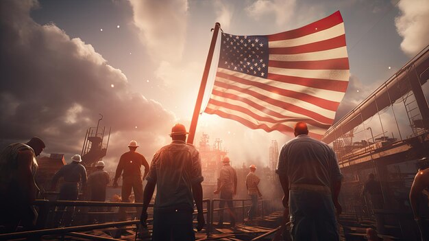 Foto bauplatz labor day arbeiter mit einer großen amerikanischen flagge