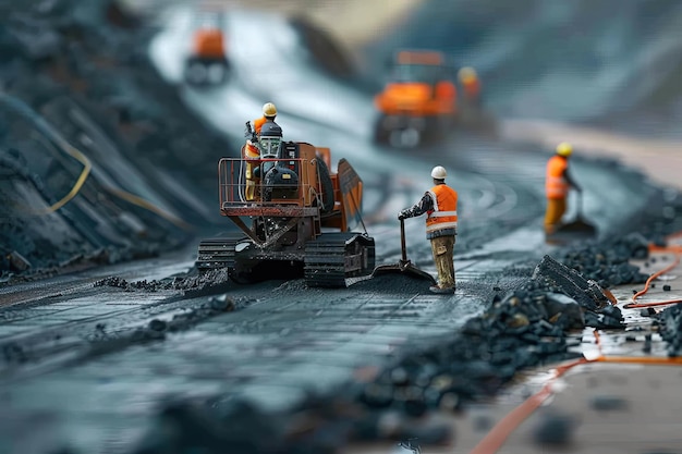 Baustelle bei der Verlegung einer neuen Asphaltstraße mit Arbeitern und Maschinen
