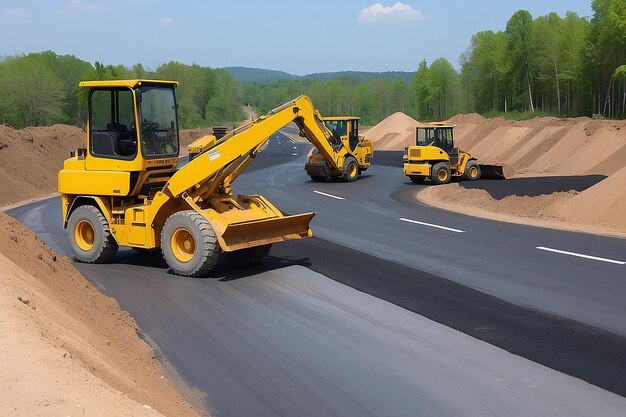 Baustelle legt neue Asphaltstraßen, Bürgersteige, Straßenbauarbeiter und Straßenbaumaschinen, Schauplatz, Straßenbaustelle, Landschaft