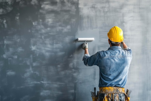 Bauunternehmer malt eine graue Wand mit einem Rollbürstentext Bauarbeiter renoviert ein Haus