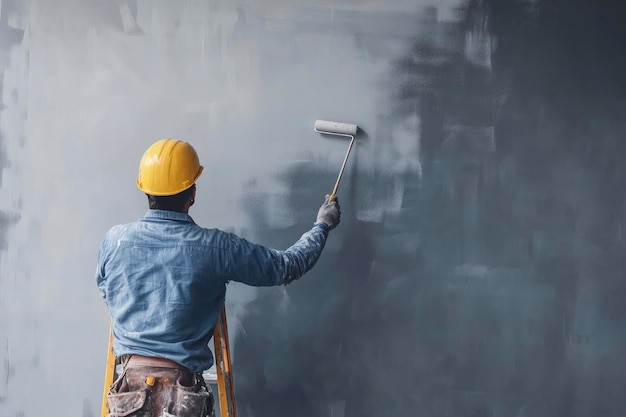 Bauunternehmer malt eine graue Wand mit einem Rollbürstentext Bauarbeiter renoviert ein Haus